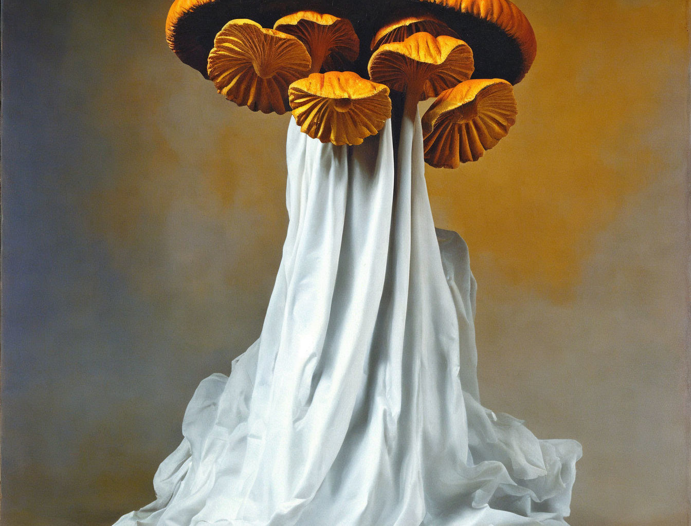 White Draped Fabric Structure with Orange Mushrooms: Surreal Art Piece