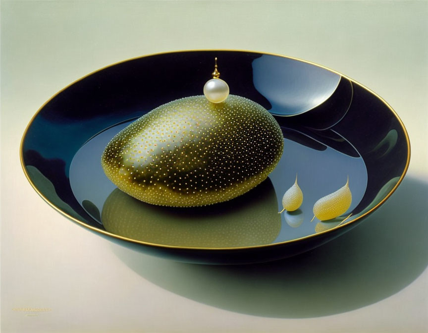 Hyperrealistic Painting of Dark Bowl with Speckled Sphere and Pearl