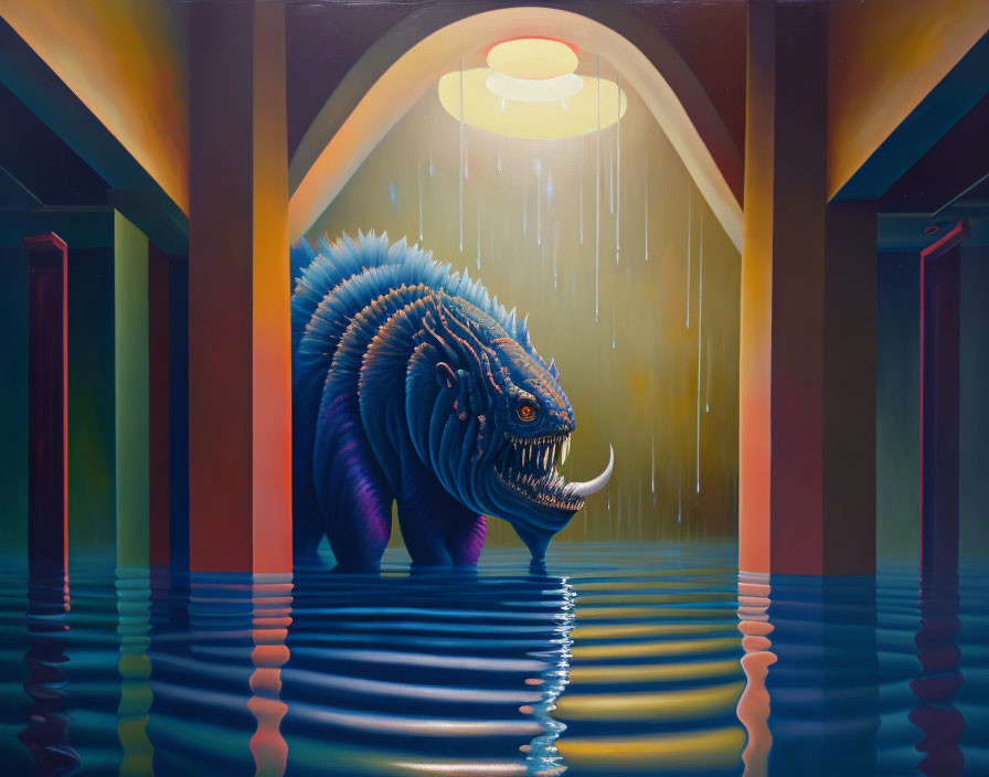 Fantastical blue creature in flooded hallway with columns and light.