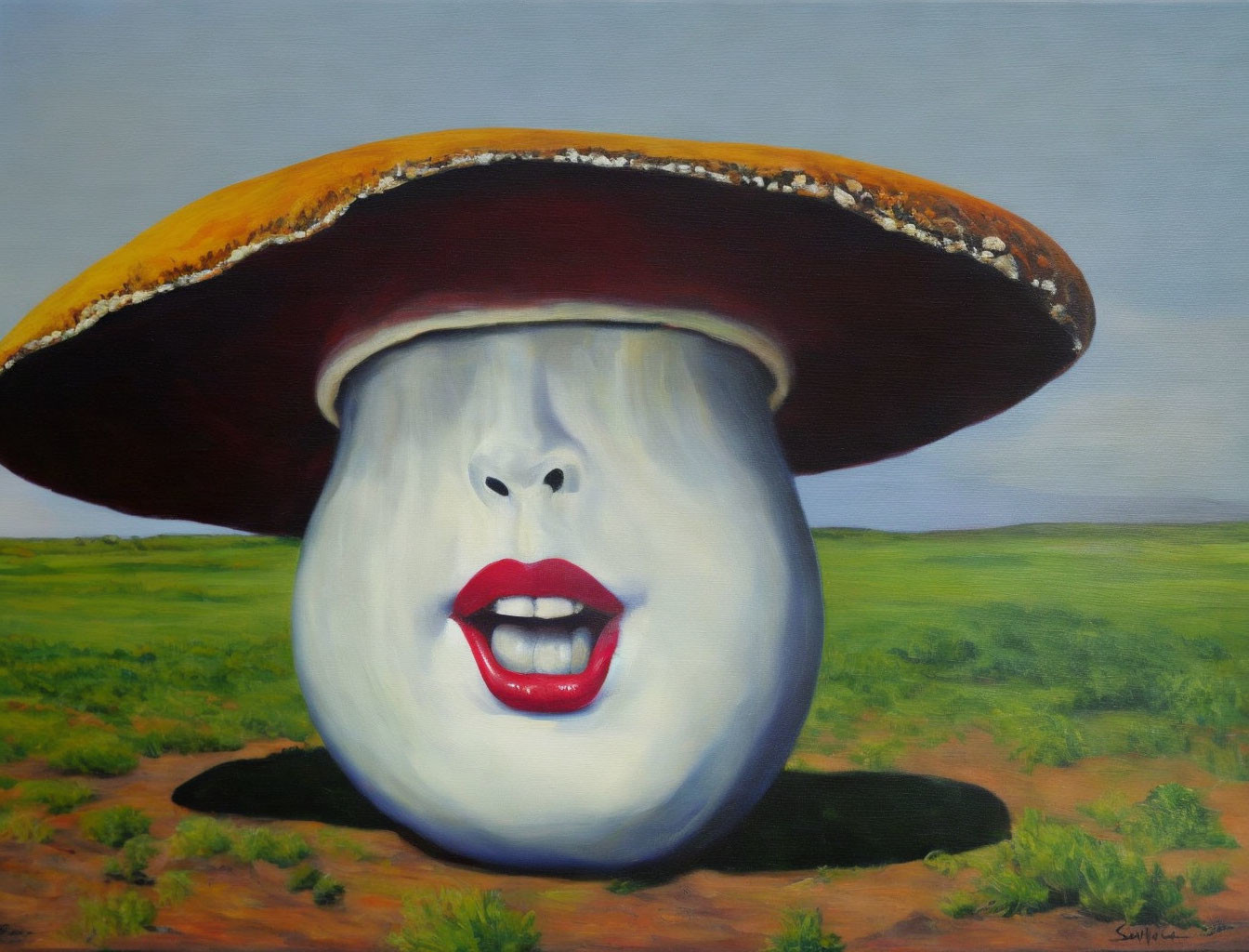 Surreal painting of human-faced mushroom in field and sky