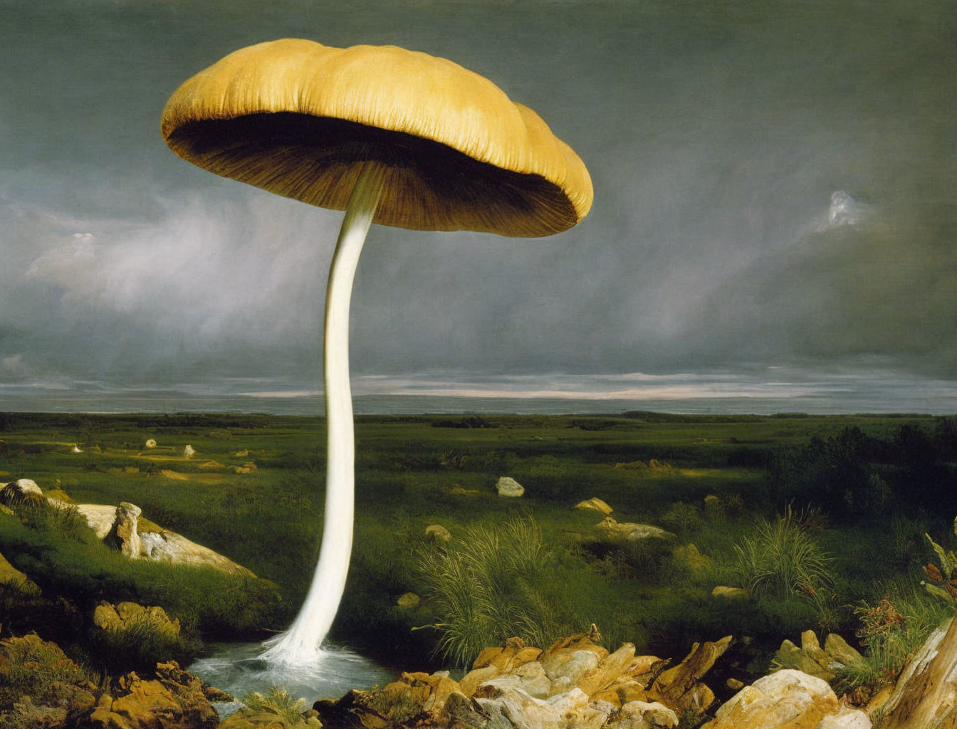 Surreal oversized mushroom in realistic landscape with stream