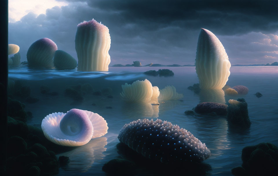 Surreal landscape with shell-like formations and luminous orbs