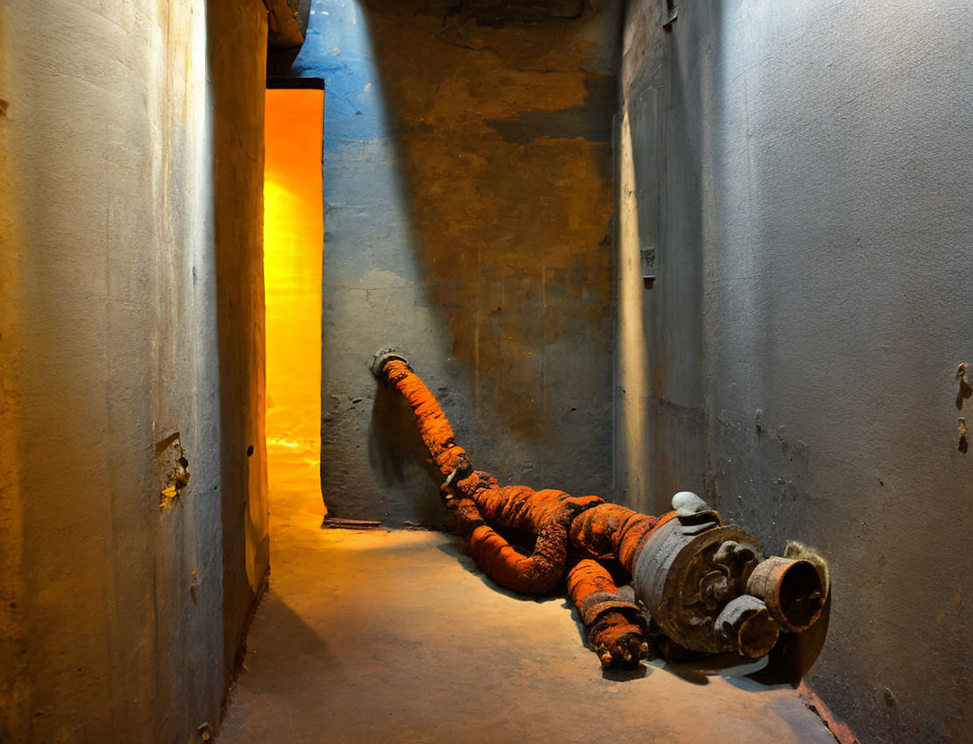 Dimly Lit Corridor with Rusty Insulated Pipe and Orange-Lit Room