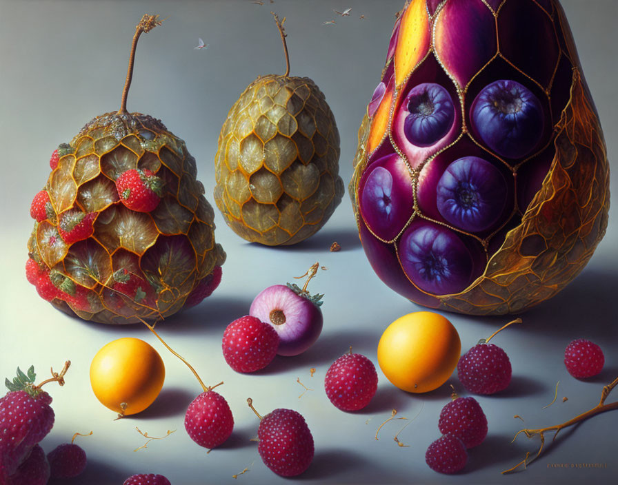 Colorful still life painting with cherimoyas, marionberries, kumquat, and