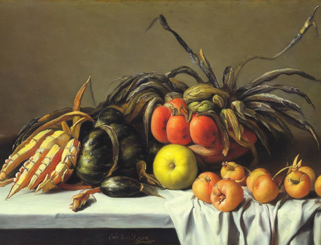 Ripe fruits and vegetables in still life painting.