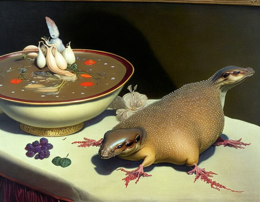 Surreal artwork: platypus-seal creature, rabbit-headed fish, garlic, berries,