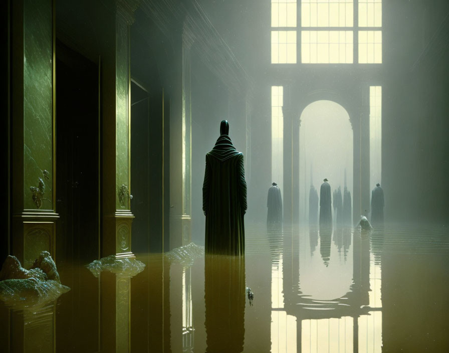 Mysterious cloaked figure in flooded grand hall with tall columns and large windows