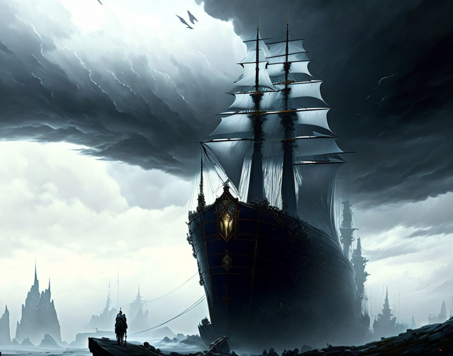 Ghostly galleon sailing under ominous skies with lone figure and haunting silhouettes.