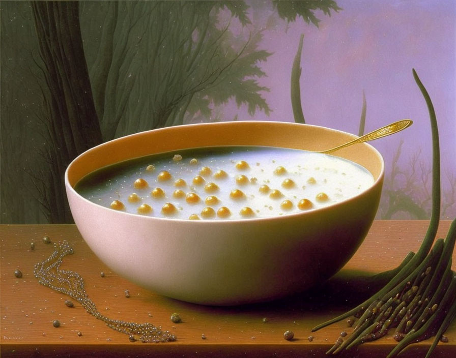 Realistic painting of bowl of soup with chickpeas, spoon, chives, against misty