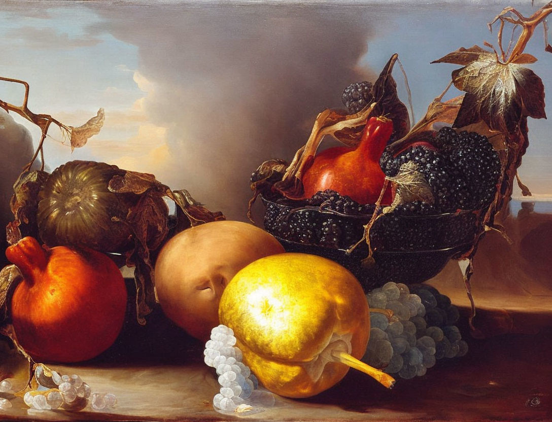 Assortment of ripe fruit in still life painting with rich textures and colors