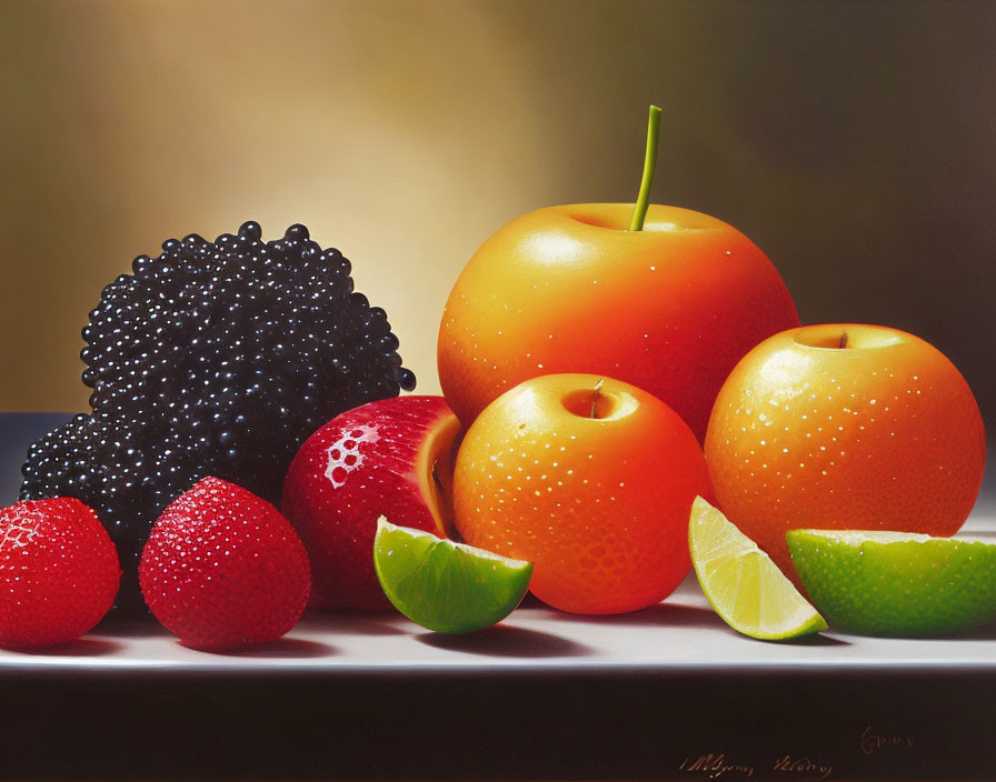 Colorful Fruit Still Life Painting on Dark Background