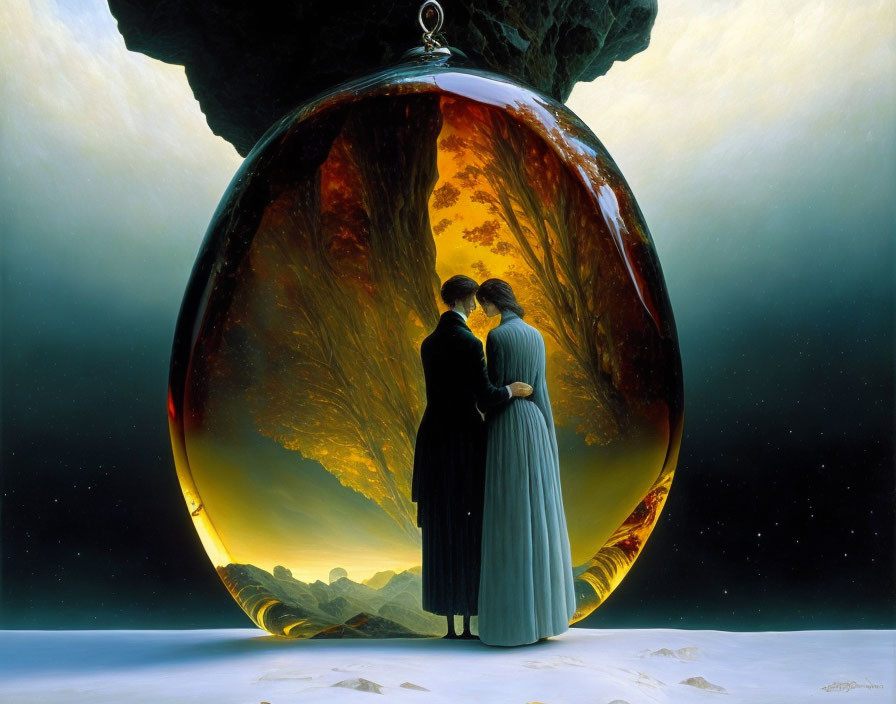 Couple embracing in transparent orb on alien landscape with mountains and dark planetoid