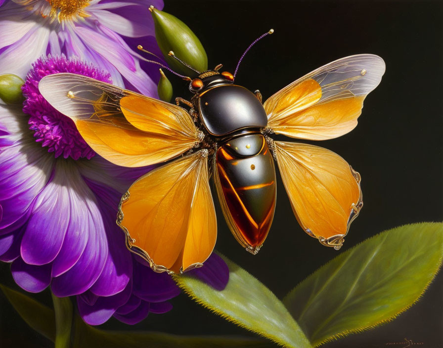 Detailed illustration of metallic beetle with translucent orange wings over vibrant flowers