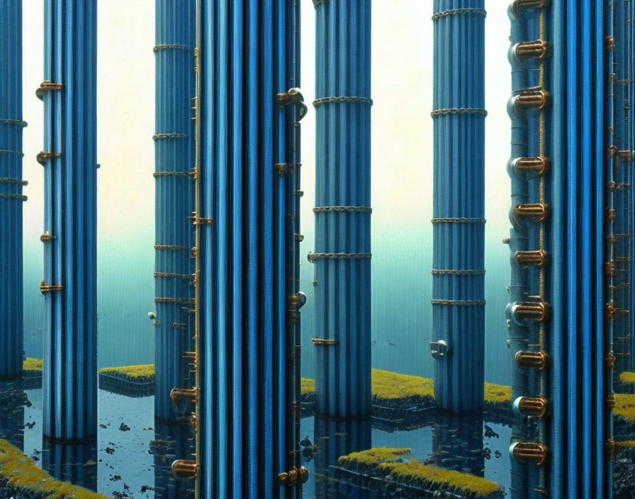 Surreal landscape with tall blue pillars and golden accents reflected in water