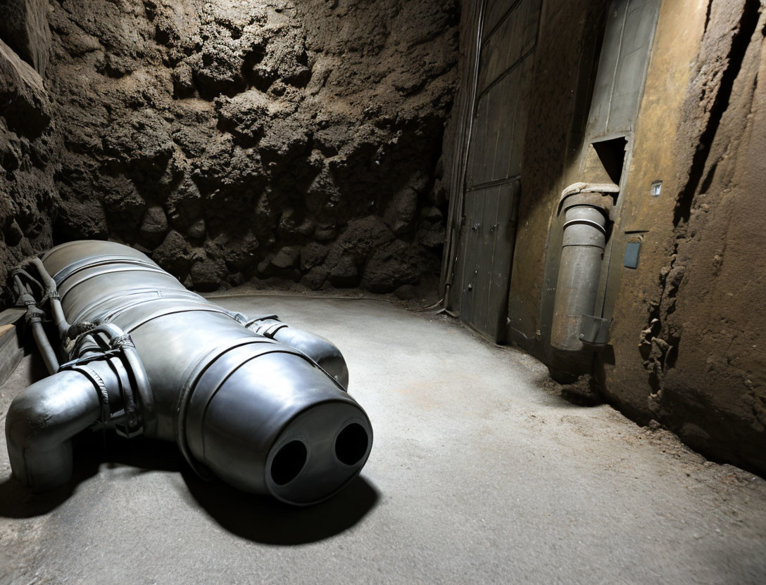 Metallic Capsule with Nozzles in Dimly Lit Room