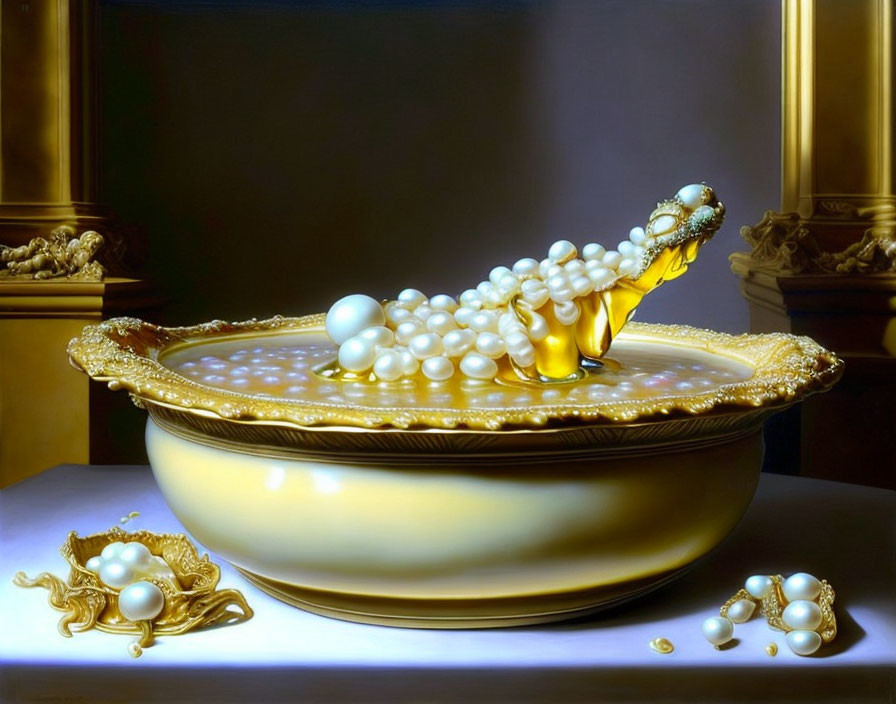 Golden bowl overflowing with pearls on dark surface symbolizing luxury