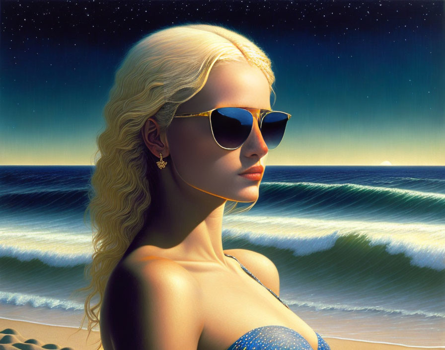 Blonde woman with sunglasses in seascape blending day and night