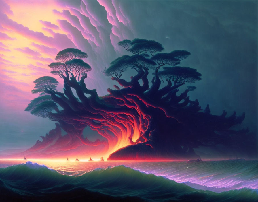 Fantastical landscape with glowing lava-like tree and luminescent tidal waves