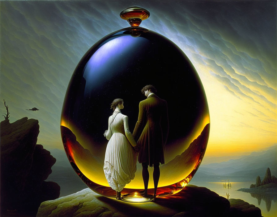 Couple admiring large reflective orb at dusk