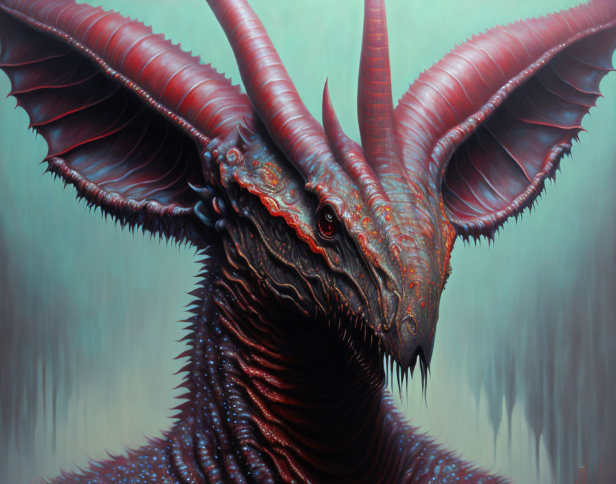 Detailed Red Scaled Dragon with Large Horns on Teal Background