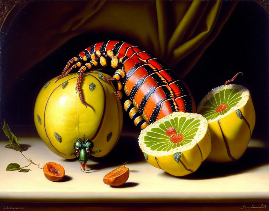 Vibrant surreal painting with caterpillar, fruit, almonds, and beetle