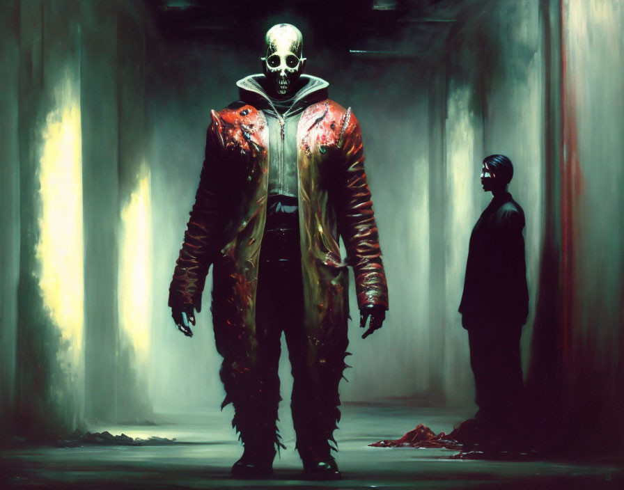 Sinister skull-masked figure in red clothing in misty corridor with silhouette.