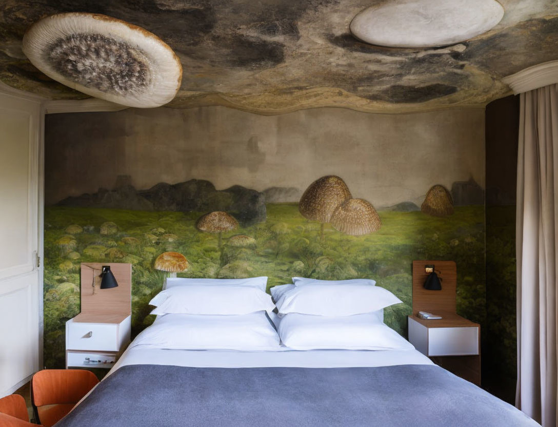 Cozy Bedroom with Mushroom-Themed Mural and Plush Bedding