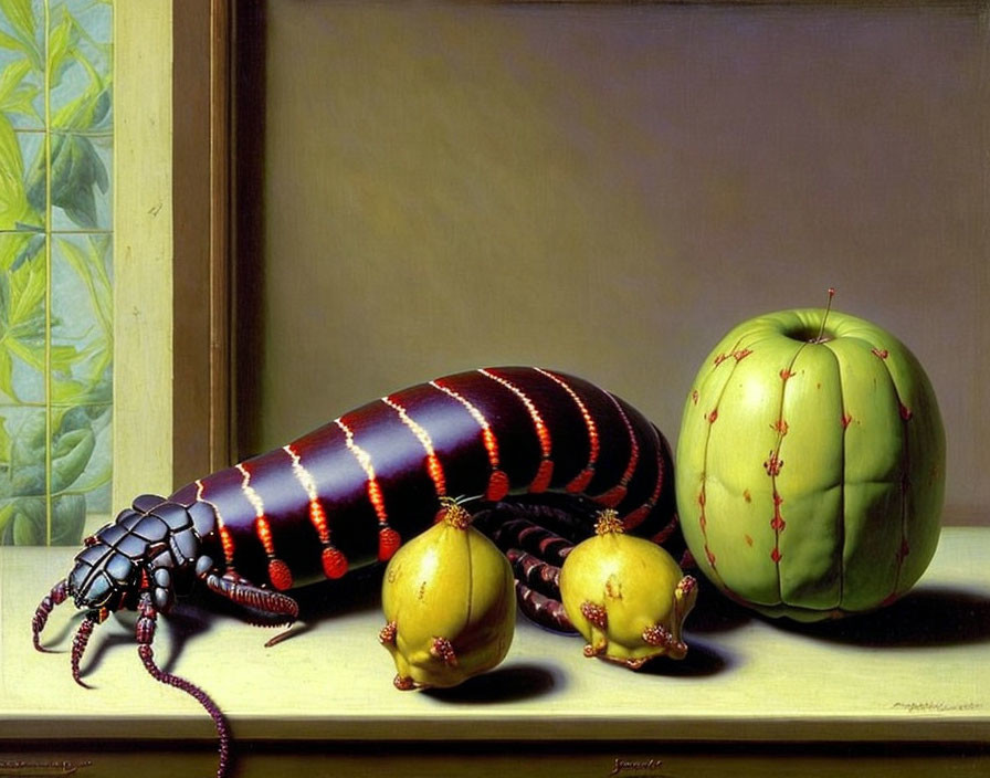 Hyperrealistic Painting of Colorful Striped Millipede with Pomegranates and Cactus