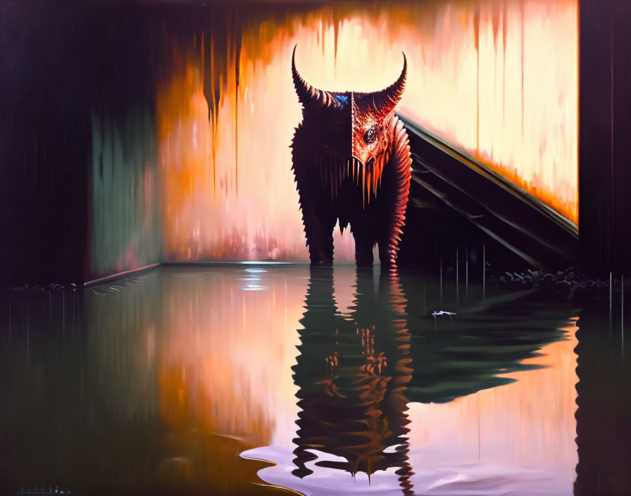 Horned creature emerging from water with fiery background