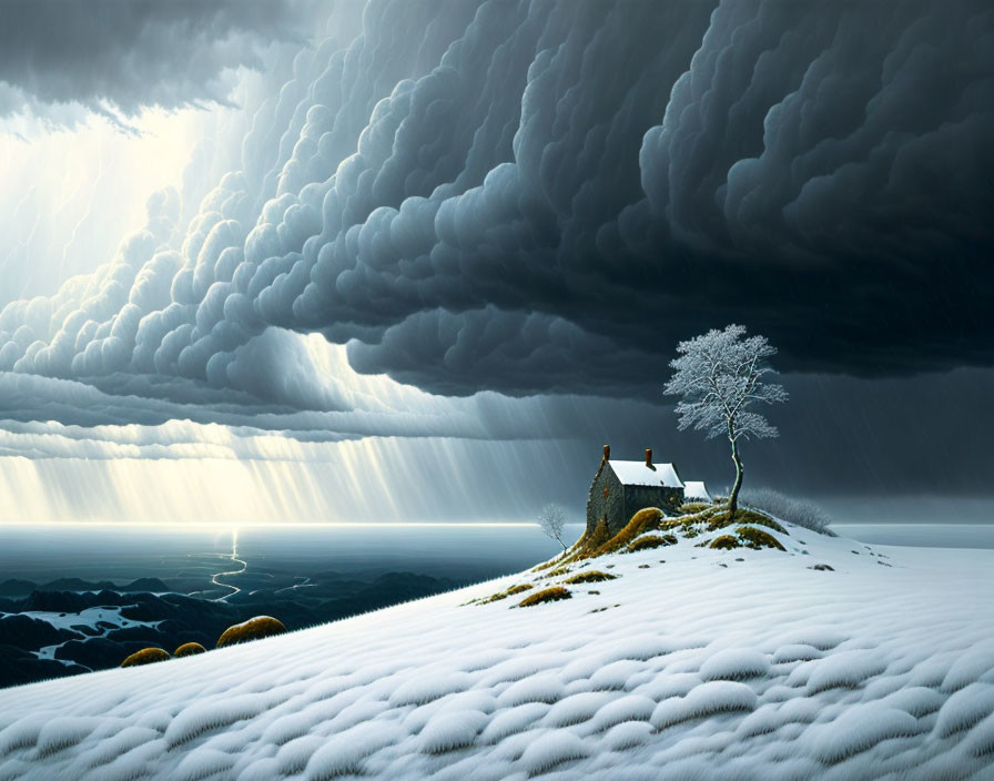 Snowy Hill Landscape with Solitary House and Stormy Sky