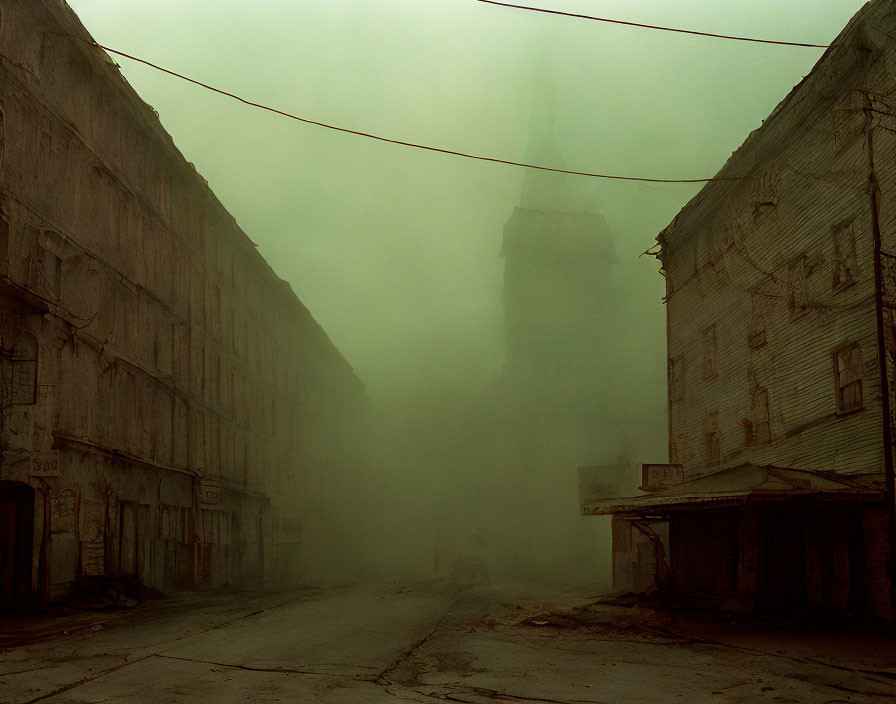 Foggy street with dilapidated buildings and tall structure in background