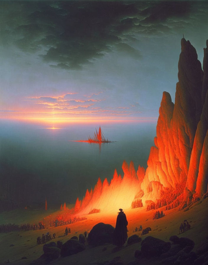 Person on Cliff Overlooking Fiery Sea with People and Sailing Ship at Sunset