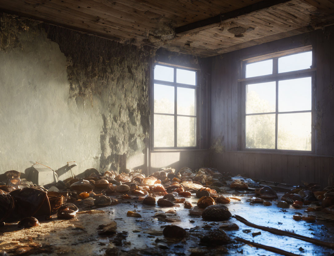 Abandoned room with peeling walls and scattered debris