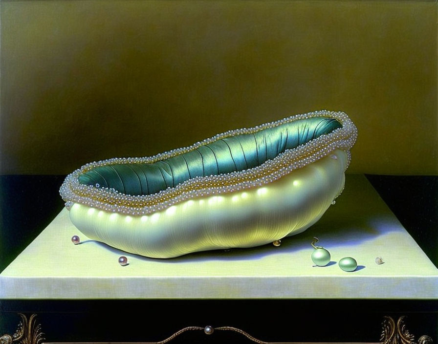 Surreal painting: Pearlescent sea shell on plush sofa with pearls on wooden table