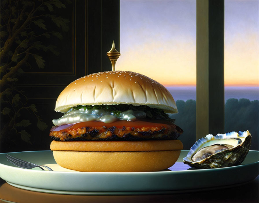 Hyper-realistic painting: Burger with lettuce and sauce next to oyster on plate, sunset view.