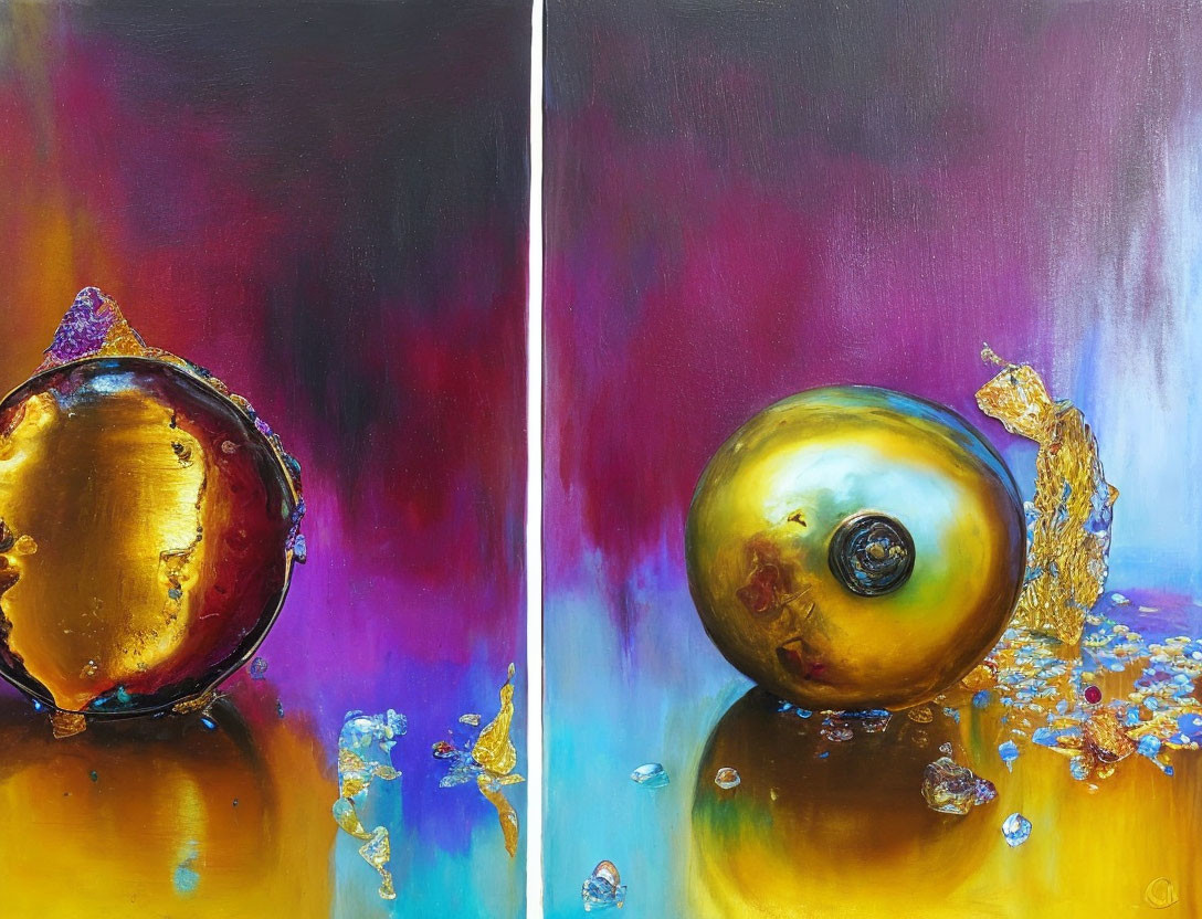 Colorful Diptych Painting with Golden Sphere and Crystal Fragments on Multicolored Background