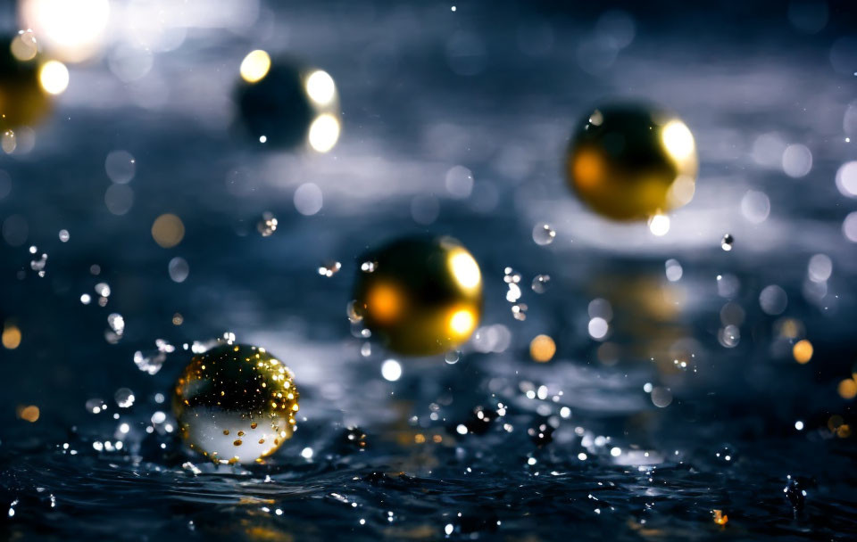 Shimmering golden spheres bounce on water with splashes in soft light