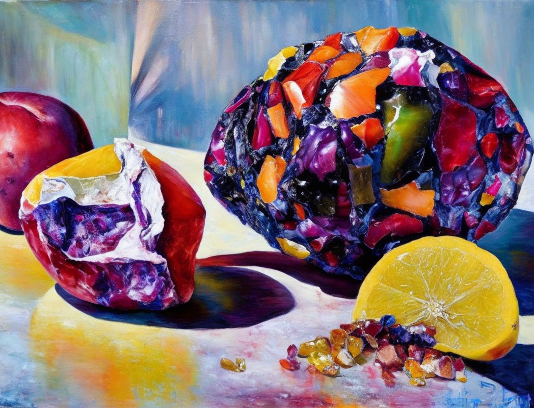 Colorful Still Life Painting of Sliced Fruits