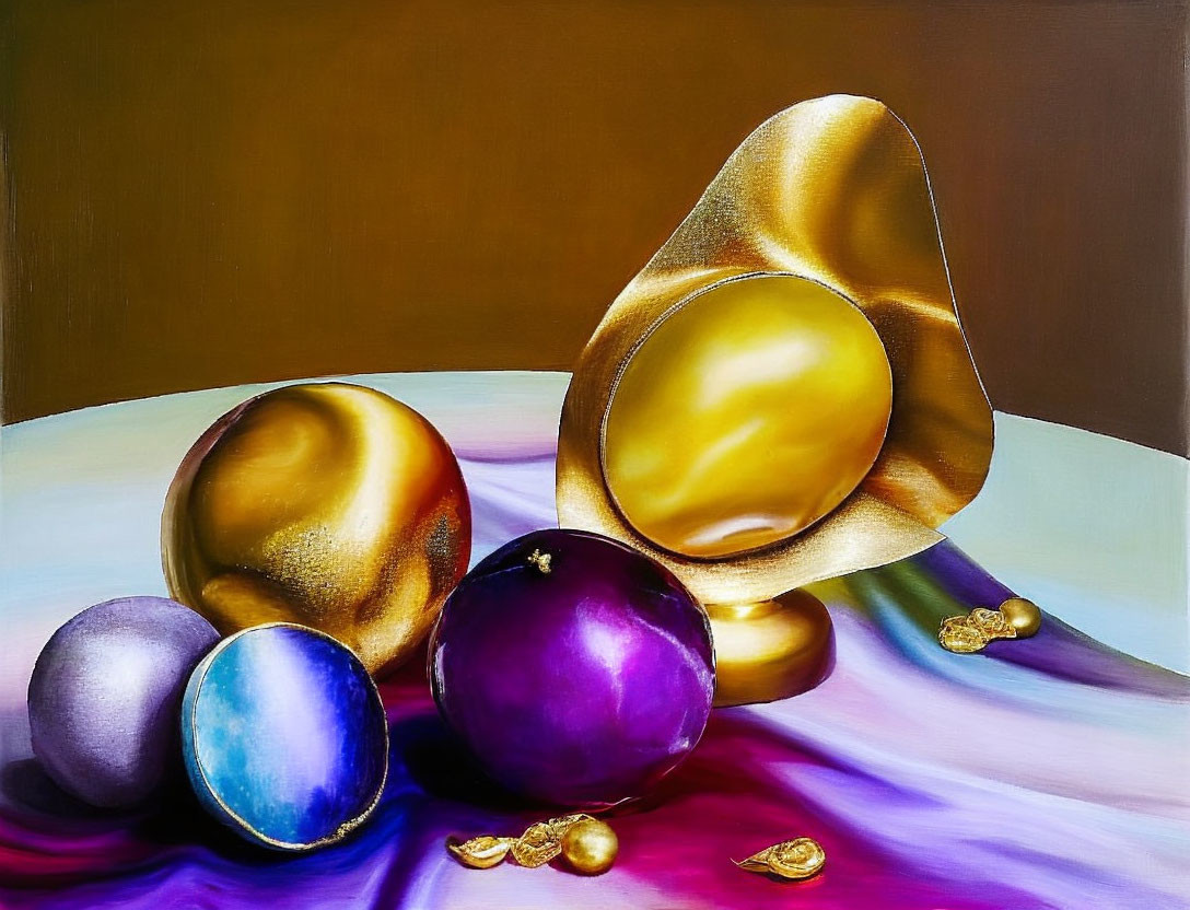 Vibrant still life painting with metallic fruits and golden centerpiece