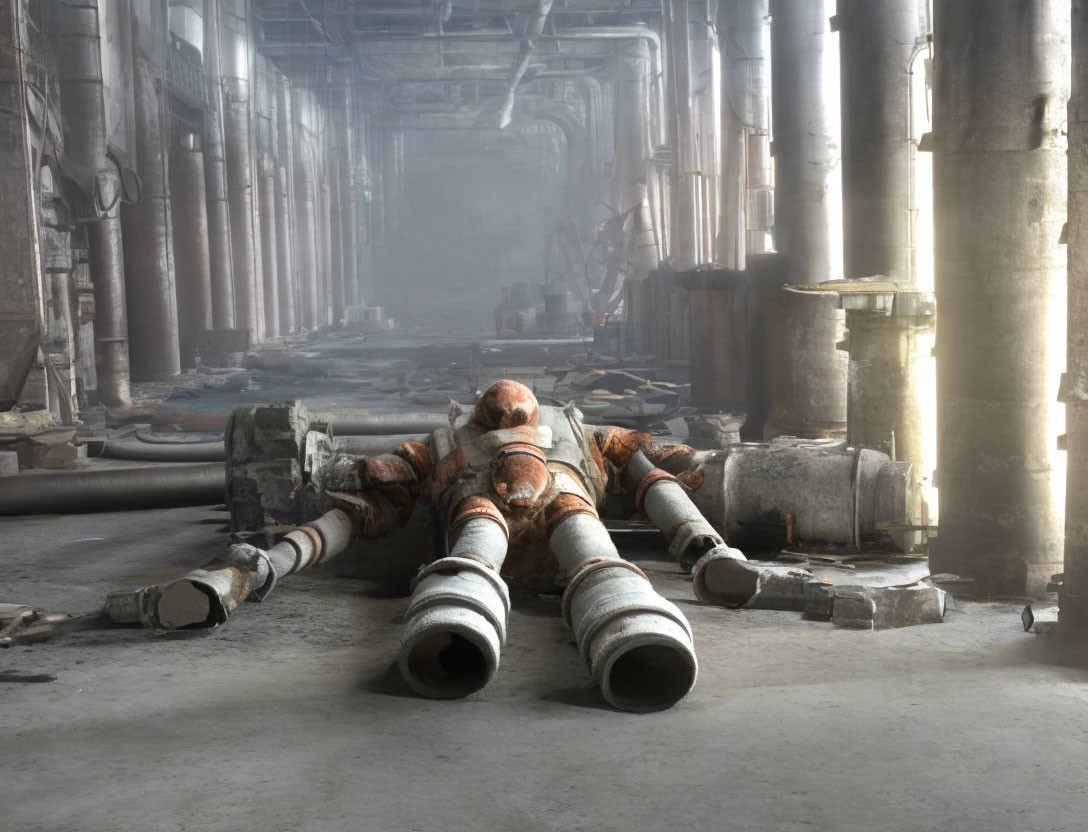 Astronaut-suited figure amidst industrial debris in abandoned warehouse