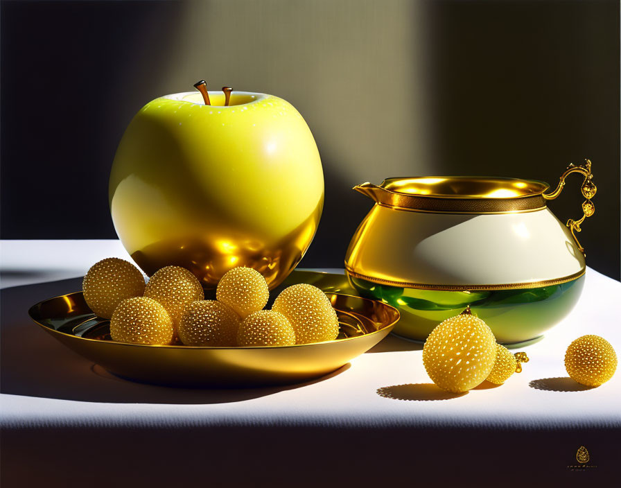 Digital artwork of shiny green apple, golden spheres, and elegant white jug on dark background