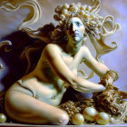 Surreal nude woman painting with elaborate hair and pearls