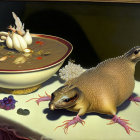 Surreal artwork: platypus-seal creature, rabbit-headed fish, garlic, berries,