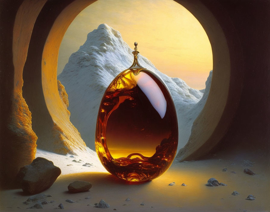 Amber Glass Vial in Desert Landscape with Archways and Snow-Capped Peaks