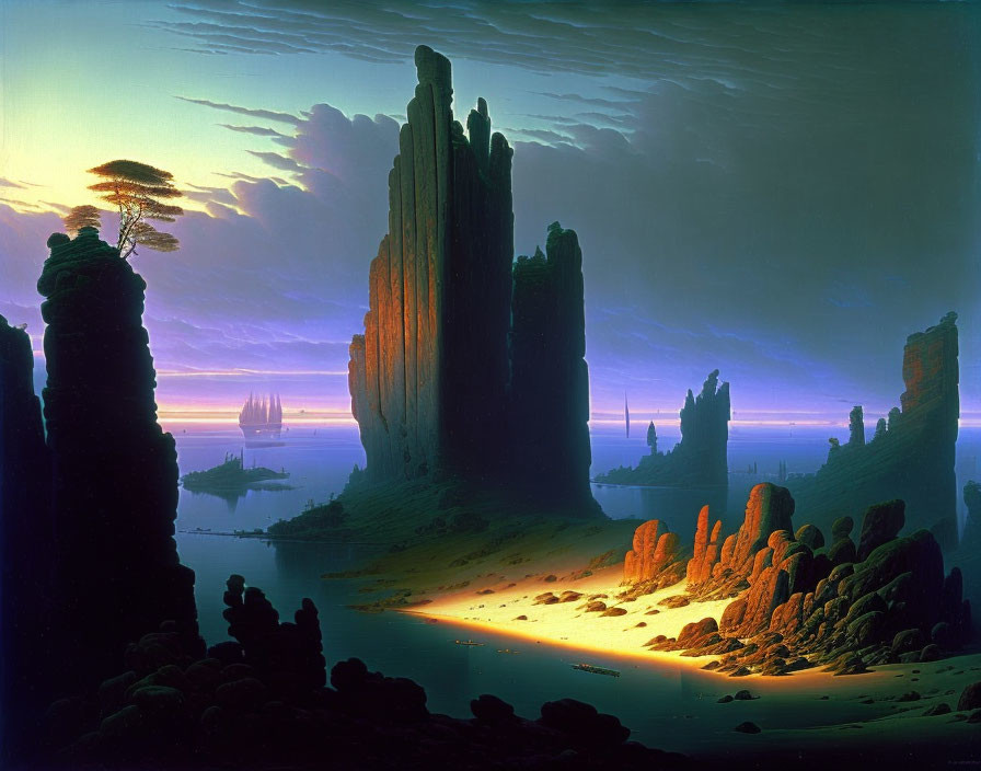 Majestic rock formations by serene shoreline at twilight