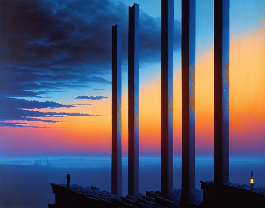 Lone figure with lantern on ledge gazes at towering monoliths at dusk