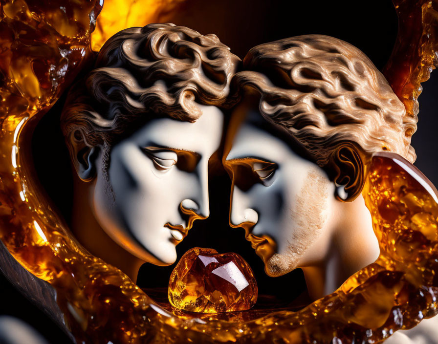 Metallic faces in profile touching at forehead with fiery amber glow and gemstone