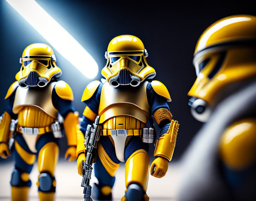 Detailed Space Trooper Action Figures with Yellow Accents on Dark Background