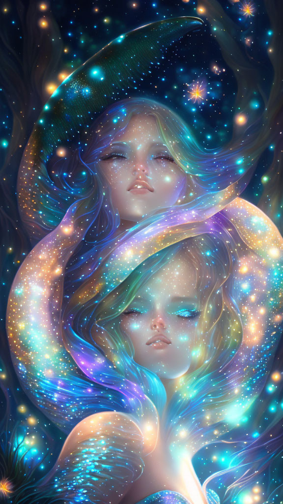 Ethereal female figures with multicolored hair in cosmic setting