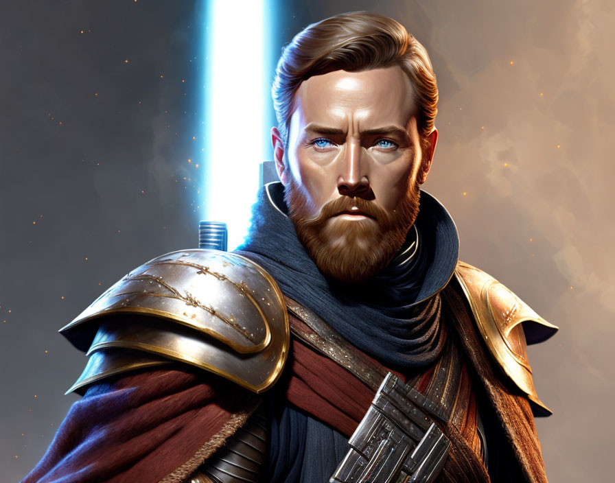 Digital artwork of bearded man in futuristic armor with blue eyes and glowing sword